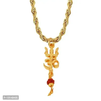 M Men Style Om Shiv Trishul Locket with Rope Chain Gold-Plated Brass Pendant Set Gold Brass Stainless Steel Religious Symbols Pendant Necklace Chain for Men and Women-thumb0