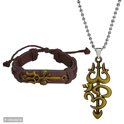 M Men Style Small Trishul damaru Large Om Bracelet Pendant Chain Bronze Leather Zinc Religious Jwellery Set For Men And Women