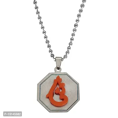 Sullery Lord Ganesh Chintamani Vighneshwara Moriya Locket with Chain Orange and Silver Stainless Steel Religious Spiritual Jewellery Pendant Necklace Chain for Men and Boys