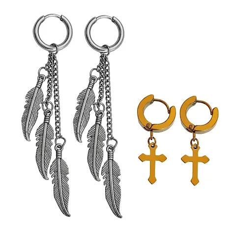 Men Style Three Feather Three Long Chain Christ Cross Hoop Stainless Stud Hoop Drops Danglers Earrings