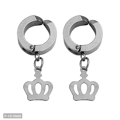 Sullery Punk Fashion Crown Charm Silver Stainless Steel Non-piercing Hoop earrings For Men And Women-thumb0