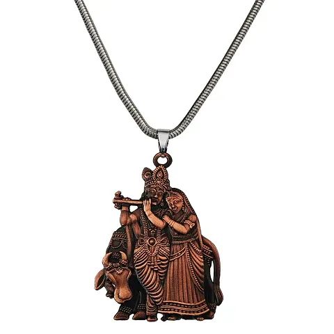 M Men Style Shri Radha Krishna Idol With Cow With Cotton Dori Grey Zinc And Metal Pendant Necklace For Men And women