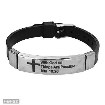 M Men Style Crusifix Cross With God All Things are Possiblle (Mat 19.26) Silver And Black Stainlees Steel And Silicone Bracelet For Men And women 25-S8SBr2022456sujal
