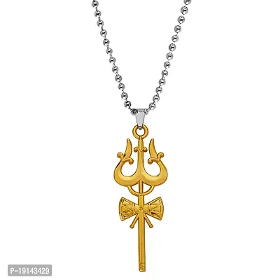 M Men Style Religious Jewellery Lord Shiv Trishul Damaru Mahadev Locket with Chain Gold Zinc Metal Hindu God Pendant Necklace Chain for Men and Women