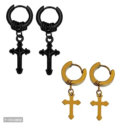 M Men Style Religious Jesus Cross Black::Gold Stainless Steel Sud Hoop Drops  Danglers Earrings For Men And Women SEr2022218-thumb0
