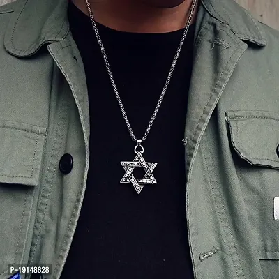 M Men Style Metal Silver Biker Biker Gothic Luncy Star Of David Hexagram Double Sided Heaxagonal Star With Box Chain Pendant Necklace Chain Gift For Men Boys-thumb5