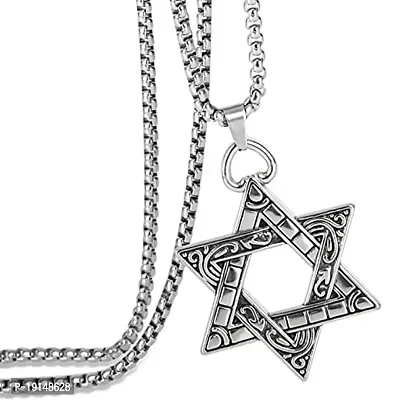 M Men Style Metal Silver Biker Biker Gothic Luncy Star Of David Hexagram Double Sided Heaxagonal Star With Box Chain Pendant Necklace Chain Gift For Men Boys-thumb0