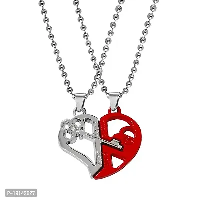 Sullery Valentine Gift Zirconia Crystals 1314 and 520 Engraved Heart and Key Dual Couple Locket 1 Pair for His and Her Red Silver Metal Pendant Necklace Chain Set for Men and Women