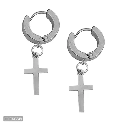 Sullery Religious Jesus Cross Charm Silver Stainless Steel Hoop earrings For Men And Women-thumb0