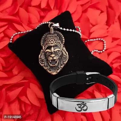 M Men Style Religious Hindu Idol God Vishnu Narsimha Locket With Om Yoga Charm Bracelet Bronze Silver Metal Stainless Steel Combo Set For Men SComboa3-thumb3