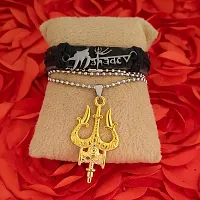 M Men Style Grey Leather Mahadev English Letter Font Bracelet With Gold Trishul Damaru Zinc Pendant Chain Religious Jewellery Set For Men And Women (Combo)-thumb3