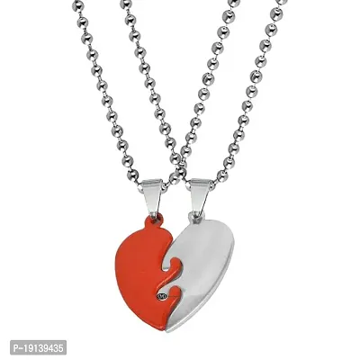 M Men Style Best Friend Broken Heart Couple Silver Stainless Steel Pendant Necklace Chain Set For Men And Women (Red)