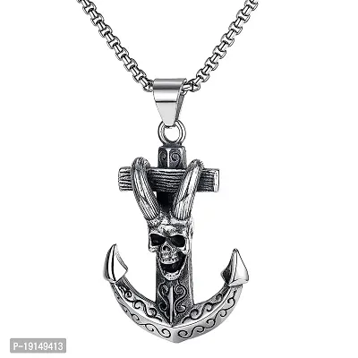 M Men Style Metal Silver Plated Biker Gothic Pirate Skull Anchor Nautical Anchor Crossed Pendant Necklace Chain Gift For Men Boys