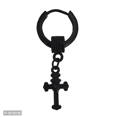 Sullery Religious Jesus Cross Charm Drop Hoop Single Earring Black Stainless Steel Hoop Earring For Men And Women