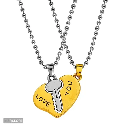 Sullery Valentine Day Gift Heart Lock and Key Puzzle Couple Lovers Gold and Silver Metel Necklace Chain for Men and Women-thumb0