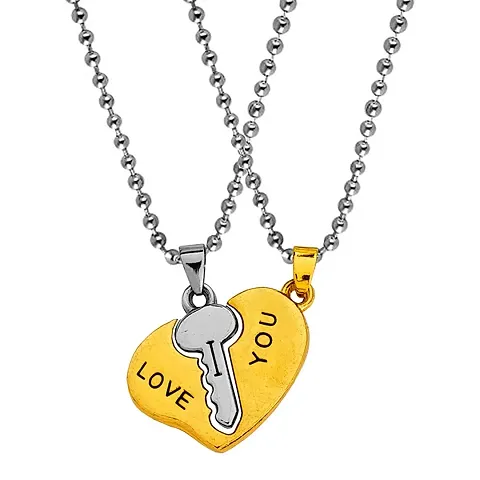 Sullery Valentine Day Gift Heart Lock and Key Puzzle Couple Lovers 2Pc Red and Silver Metel Necklace Chain for Men and Women