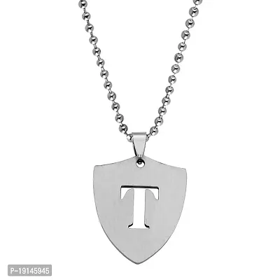 M Men Style English Alphabet Initial Charms Letter Initial T Alphabet Silver Stainless Steel Letters Script Name from A-Z Pendant Necklace Chain For Men And Women