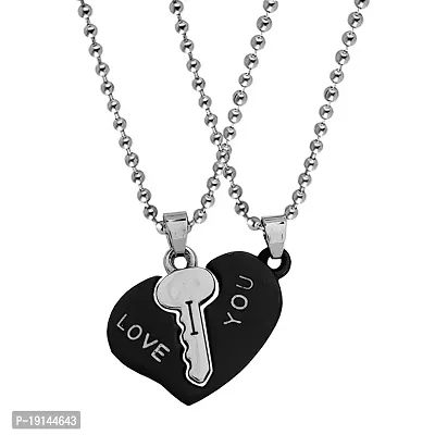 Sullery Valentine Day Gift Heart Lock and Key Puzzle Couple Lovers Black and Silver Metel Necklace Chain for Men and Women