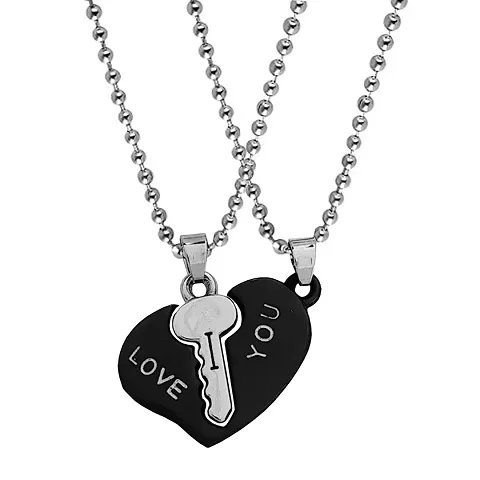 Sullery Valentine Day Gift Heart Lock and Key Puzzle Couple Lovers 2Pc Red and Silver Metel Necklace Chain for Men and Women