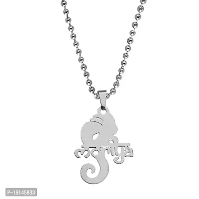 Sullery Lord Ganesh Chintamani Vighneshwara Moriya Locket with Chain Silver Stainless Steel Religious Spiritual Jewellery Pendant Necklace Chain for Men and Boys-thumb0