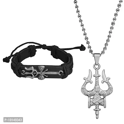 M Men Style Small Om Bracelet Trishul Damaru Pendant Chain Grey Leather Zinc Religious Jwellery Set For Men And Women
