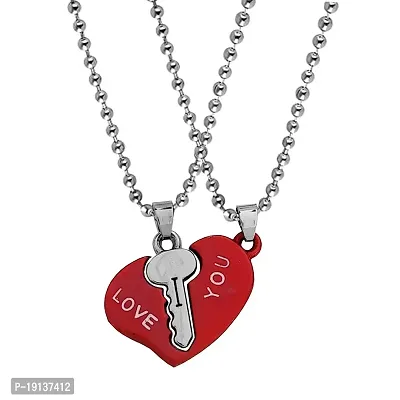 Sullery Valentine Day Gift Heart Lock and Key Puzzle Couple Lovers 2Pc Red and Silver Metel Necklace Chain for Men and Women-thumb0