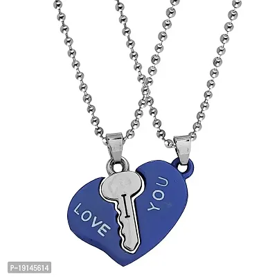 Sullery Valentine Day Gift Heart Lock and Key Puzzle Couple Lovers Blue and Silver Metel Necklace Chain for Men and Women