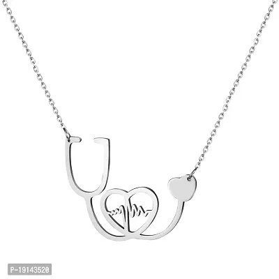 M Men Style Stethoscope Heartbeat Plus Lifeline Nursing Themed Medical Jewelry Silver Stainless Steel Pendant Necklace Chain For Men And Women