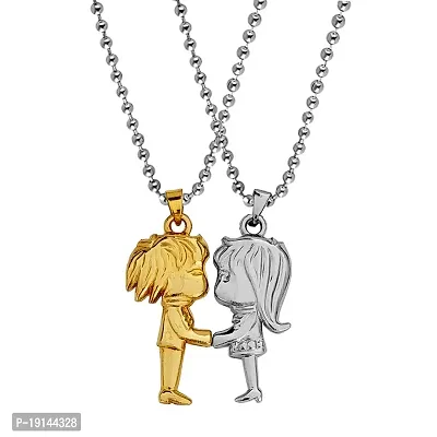 Sullery Valentine Day Gift Cute Girl and Boy Lovers Couple 2pc Silver and Gold Metel Necklace Chain for Men and Women-thumb0