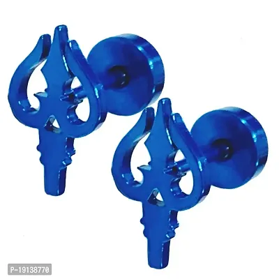 Sullery Religious Jewelry Trishul?Piercing Jewelry Blue Stainless Steel Stud Earring For Men And Women