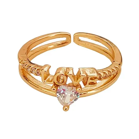 Sullery Exclusive Valentine's Collection Love Sparkling Heart Cubic Zirconia Gold Plated Adjustable Rings Copper Cubic Zirconia Gold Plated Ring for Women and Girls