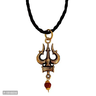 Sullery Lord Elegant Shiv Trishul Damaru Panchmukhi Rushrasha Bead Gold Brass Religious Spiritual Jewellery Pendant Necklace Chain for Men Boys