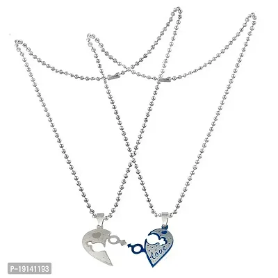 Sullery Valentine Day Gift I Love You Broken Heart Couple Locket With 2 Chain His Her Lover Gift Blue Silver Stainless Steel Necklace Pendant Chain For Men Women