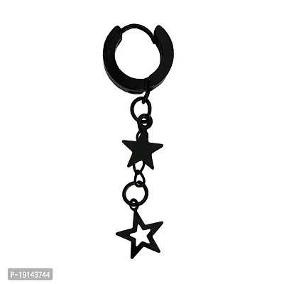 M Men Style Valentine Gift Double Star Chain Charm Drop Black Stainless Steel Dangle Surgical Hoop Earrings For Unisex