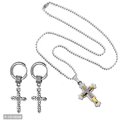 M Men Style Religious Lord Jesus Christ Cross Locket With Cross Earring Silver Gold Metal Stainless Steel Combo Set For Men SComboa21-thumb3