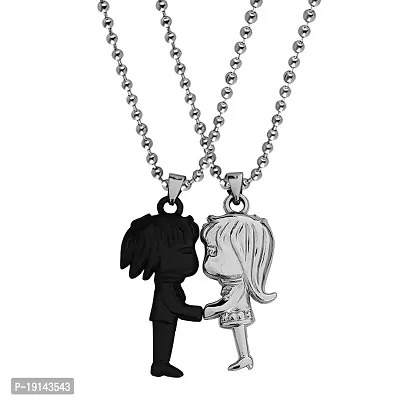 Sullery Valentine Day Gift Cute Girl and Boy Lovers Couple 2pc Black and Silver Metel Necklace Chain for Men and Women-thumb0