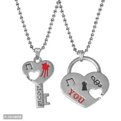 M Men Style Valentine Gift I Love You Heart and Key Engraved Dual Couple Locket Pendant Unisex Jewellery 1 Pair for His and Her Silver Red Metal Pendant Necklace Chain for Men and Women