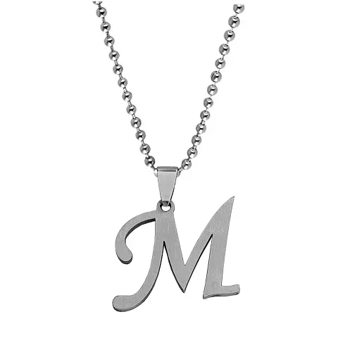 M Men Style English Alphabet Initial Charms Letter Initial M Alphabet Silver Stainless Steel Letters Script Name Pendant Chain Necklace from A-Z for For Men And Women