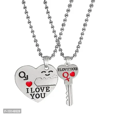 M Men Style Valentine Gift I Love You Engraved Heart and Key Dual Couple Locket Unisex Jewellery 1 Pair for His and Her Silver Red Metal Pendant Necklace Chain Set for Men and Women