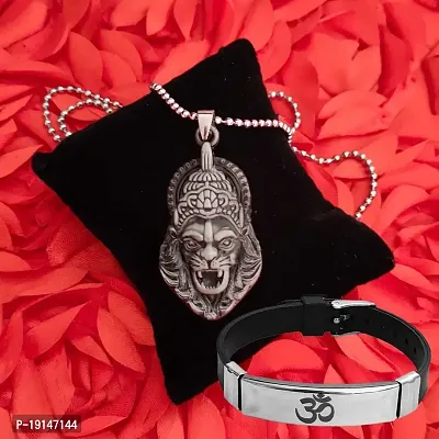 M Men Style Religious Hindu Idol God Vishnu Narsimha Locket With Om Yoga Charm Bracelet Grey Silver Metal Stainless Steel Combo Set For Men SComboa4-thumb3