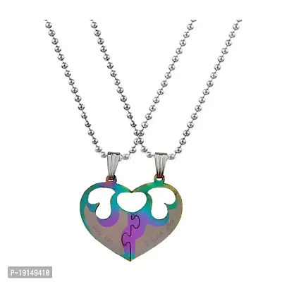 Sullery Broken Heart I Love You Locket With Chain Multicolor Stainless Steel Necklace Pendant For Men And Women