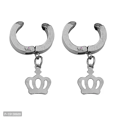 Sullery Punk Fashion Crown Charm Silver Stainless Steel Non-piercing Hoop earrings For Men And Women-thumb2