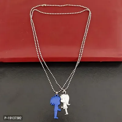 Sullery Valentine Day Gift Cute Girl and Boy Lovers Couple 2pc Blue and Silver Metel Necklace Chain for Men and Women-thumb4