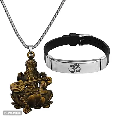 M Men Style Religious Godess Sarswati Snake Chain Locket Om Yoga Charm Bracelet Bronze Silver Metal Stainless Steel Combo Set For Men SComboa29