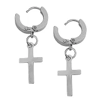 Sullery Religious Jesus Cross Charm Silver Stainless Steel Hoop earrings For Men And Women-thumb1