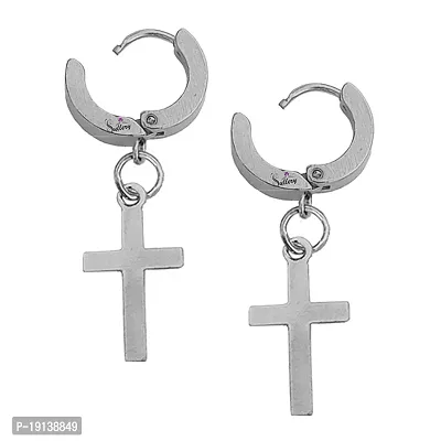 Sullery Religious Jesus Cross Charm Silver Stainless Steel Hoop earrings For Men And Women-thumb2