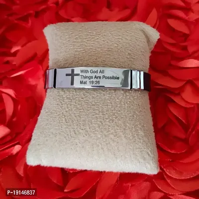 M Men Style Crusifix Cross With God All Things are Possiblle (Mat 19.26) Silver And Black Stainlees Steel And Silicone Bracelet For Men And women 25-S8SBr2022456sujal-thumb3