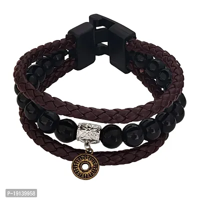 Sullery Fashion Coin Charm Three Layer Genuine Casual Leather and Onyx Crystal Wraps Bracelet for Men and Women