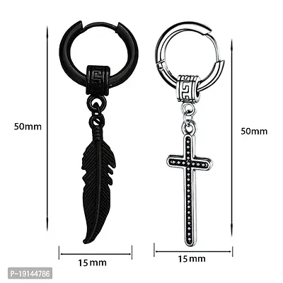 M Men Style Feather With Christ Jesus Cross Ear Stud Black And Silver Stainless Steel Hoop Earrings For Men And Women-thumb2