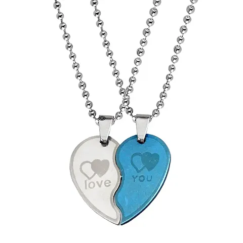 M Men Style?Valentine Gift Trendy Rotational Couple Heart Engraved Dual Locket Pendant Necklace Chain Unisex Jewellery Metal Pendant Set
